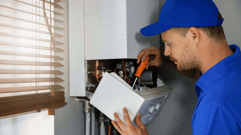 An HVAC technician check's a home's air quality.
