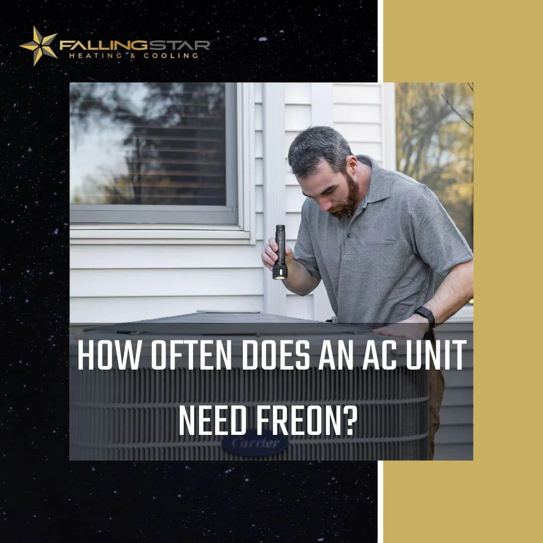 A professional checking an AC unit with the title saying, How Often Does an AC Unit Need Freon? - Falling Star Heating and Cooling